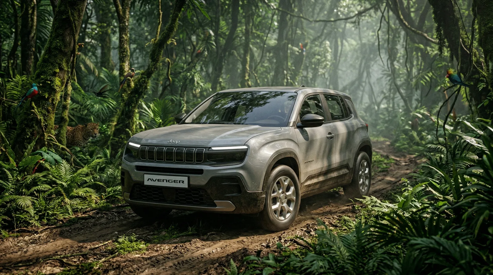 SUV mis en scène par IA dans une forêt tropicale, image de couverture cinématographique pour une présentation PowerPoint, freelance PowerPoint