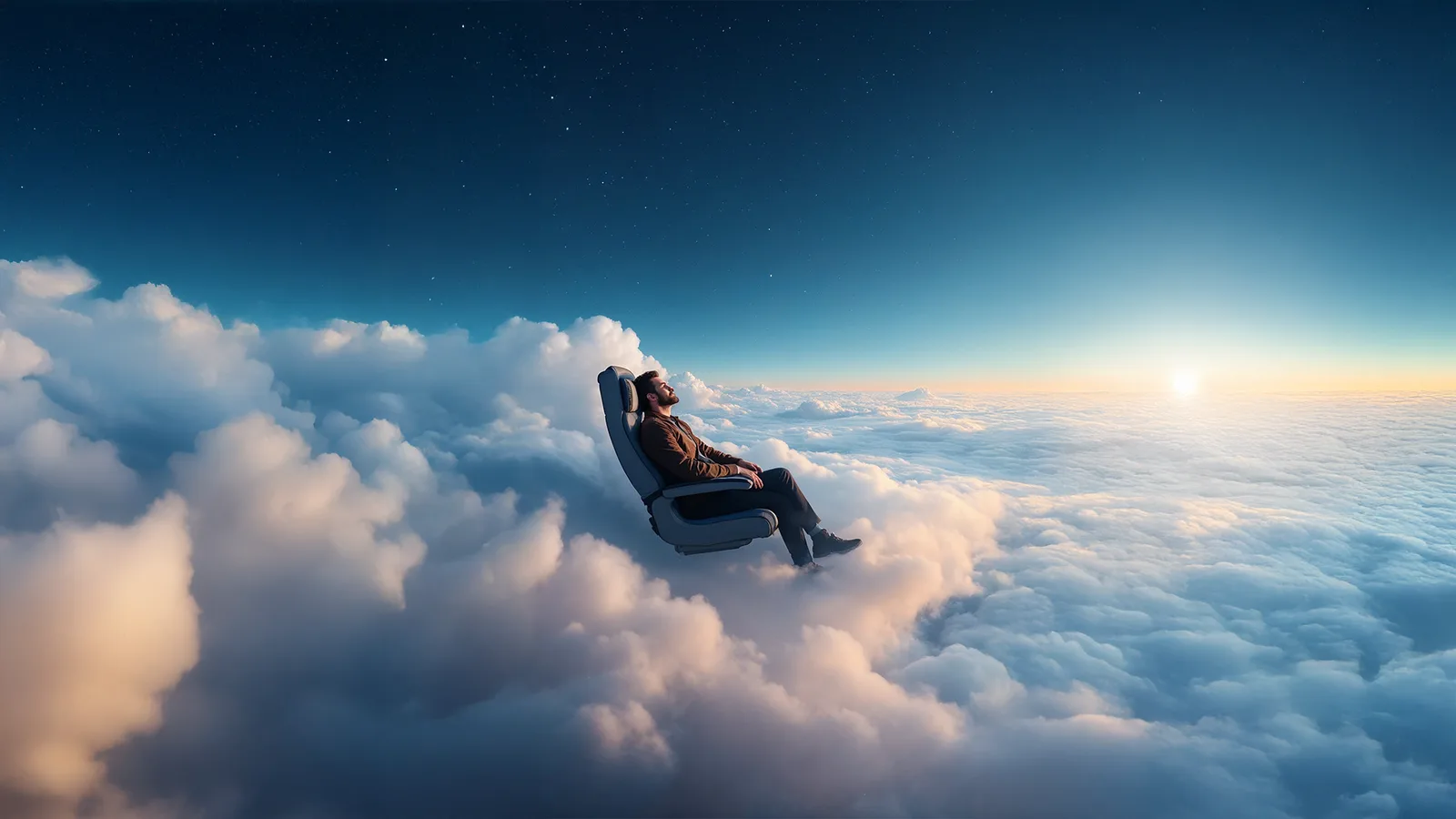 Visuel conceptuel généré par IA, personnage flottant sur les nuages, couverture de présentation PowerPoint sur-mesure