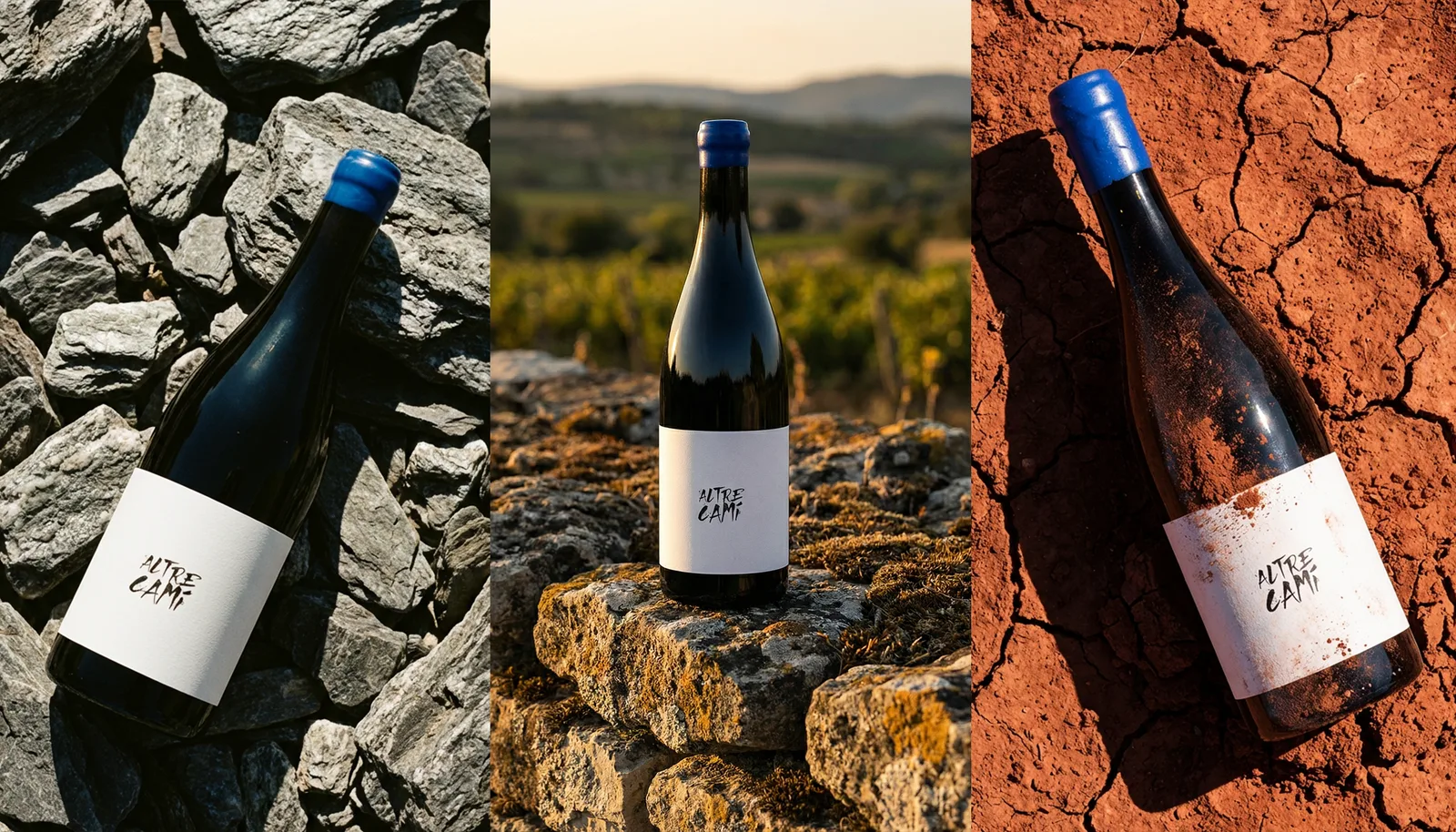 Bouteille de vin Altre Cami déclinée par IA dans trois décors sur-mesure (schiste, vignoble, argile rouge), visuel de présentation PowerPoint par un graphiste freelance